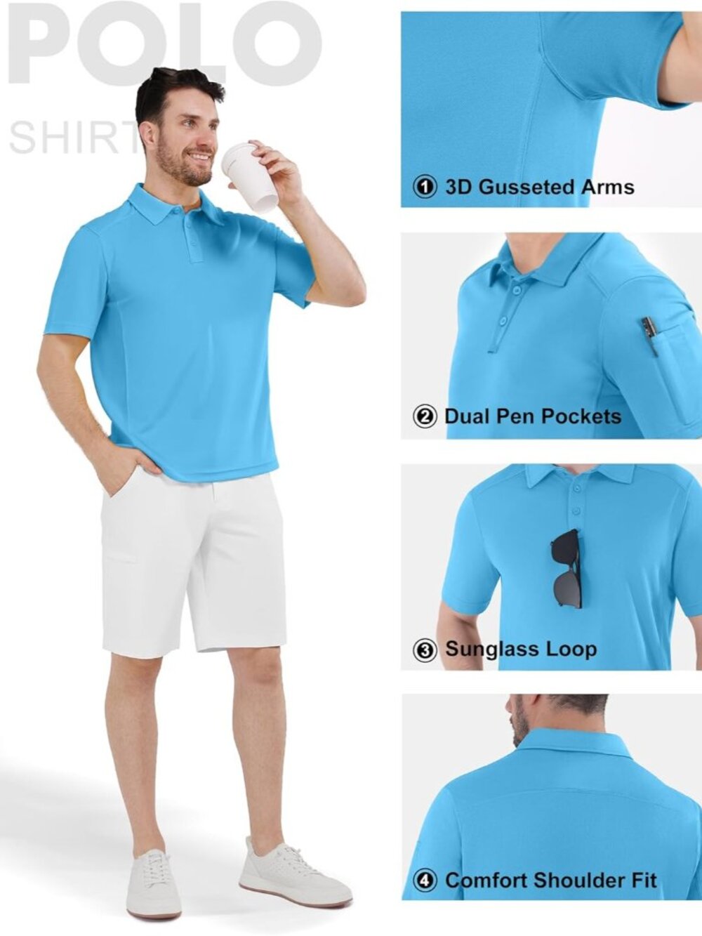 Men’s Sea Blue Quick Dry Tactical Polo Shirt Short Sleeve Casual Golf Top - Picture 3 of 6